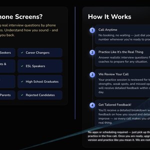 May include: A dark graphic with text promoting phone interview practice using AI coaches. The text includes "Failing Phone Screens?" and "How It Works." Lists of potential users are also included, such as "First-Time Job Seekers" and "Career Changers."