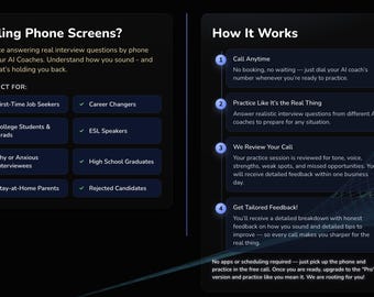 Może przedstawiać: Ciemne tło z tekstem o ćwiczeniu rozmów kwalifikacyjnych przez telefon z trenerami AI. Tekst zawiera "Failing Phone Screens?" i "How It Works". Zawiera również listy potencjalnych użytkowników, takich jak "First-Time Job Seekers" i "Career Changers".