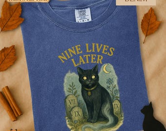 Nine Lives Black Cat Shirt: Vintage Halloween Tee for Cat Lovers