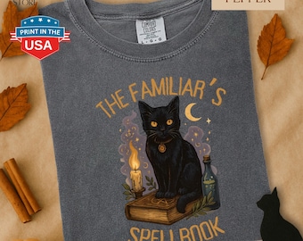 Comfort Colors The Familiar’s Spellbook Halloween T-Shirt – Witch Black Cat Candle Moon Mystical Magic Graphic