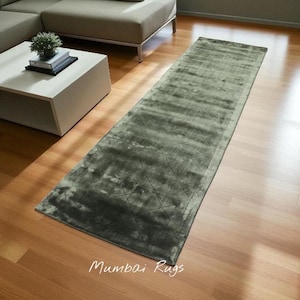 Olive Green Viscose Rug – Handmade Shiny Modern Area Carpet, Luxury Living Room & Bedroom Rug, Area Carpet Minimalist Luxury 8x10 wool rug