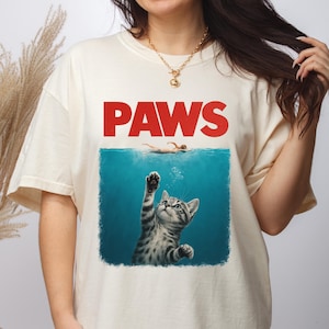 Comfort Colors Paws Cat Shirt, Funny Kitten Jaws Tee, Cute Cat Lover Gift, Vintage Movie Parody T-Shirt, Unisex Cat Mom Shirt