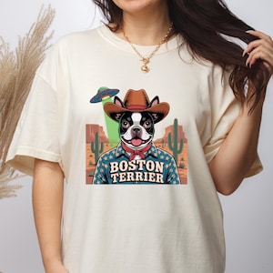 Boston Terrier Retro UFO Western Shirt, Vintage Dog T-Shirt, Cowboy Dog Mom Dad Shirt, Funny Boston Terrier Shirt, American Gentleman Tee