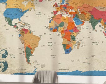 Póster de lienzo autoadhesivo con mapa político del mundo