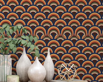 Retro Wave Pattern Peel and Stick Wallpaper, 70s Mid Century Modern Wall Mural