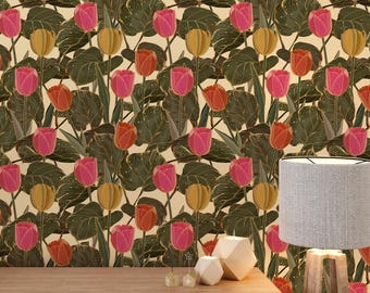 Papel pintado autoadhesivo con tulipanes dorados, mural floral de lujo, decoración Art Nouveau