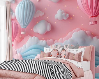 Papel tapiz 3D pastel para habitación infantil, mural de globo aerostático, decoración de nubes rosa y azul