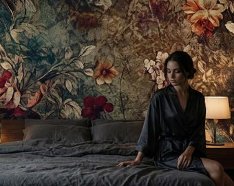 Papel pintado floral grunge, mural floral con pintura al óleo vintage, decoración rústica para dormitorio