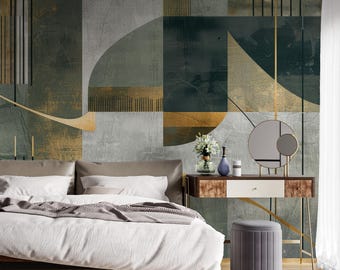 Papel pintado geométrico abstracto, papel pintado japonés, mural de pared con acento moderno para dormitorio