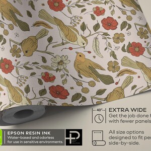 May include: A roll of wallpaper featuring a repeating pattern of mustard yellow birds, red flowers, and green foliage on a light background. The text 40 inches is visible, indicating the width of this extra wide wallpaper roll.