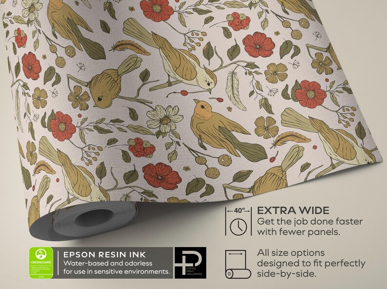 May include: A roll of wallpaper featuring a repeating pattern of mustard yellow birds, red flowers, and green foliage on a light background. The text 40 inches is visible, indicating the width of this extra wide wallpaper roll.
