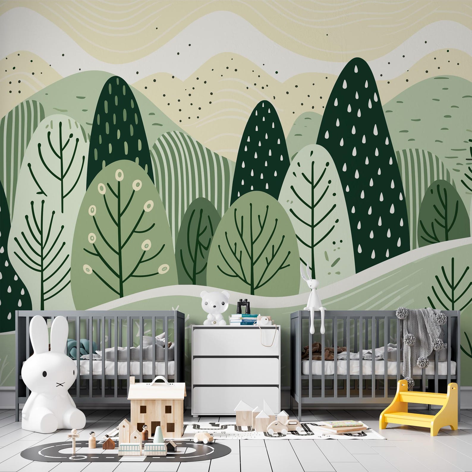 Scandi Woodland Nursery Wallpaper, Sage Green Forest Mural - Etsy
