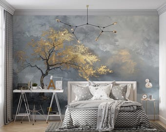 Papel pintado abstracto de árbol dorado, mural de textura gris, arte mural japonés de lujo, decoración estilo chinoiserie