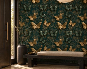 May include: Wallpaper featuring a repeating pattern of gold and dark teal butterflies interspersed with dark green foliage on a deep forest green background. The design includes various butterfly sizes and orientations across the surface.