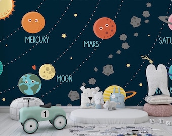Mural del sistema solar, papel tapiz educativo para guardería, decoración de pared con planetas de dibujos animados