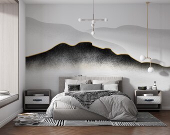 Papel pintado abstracto de paisaje montañoso, mural de líneas doradas Japandi, decoración zen
