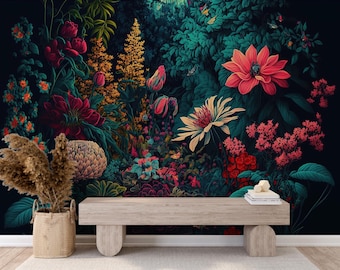 Papel pintado de selva tropical melancólico, mural floral maximalista oscuro, decoración de pared botánica