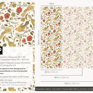 May include: Wallpaper featuring a repeating pattern of yellow birds, red flowers, and green foliage on a cream background. The roll width is 40 inches, with a pattern repeat of 40 inches. Available roll lengths include 48, 72, 96, 108, 120, and 144 inches.