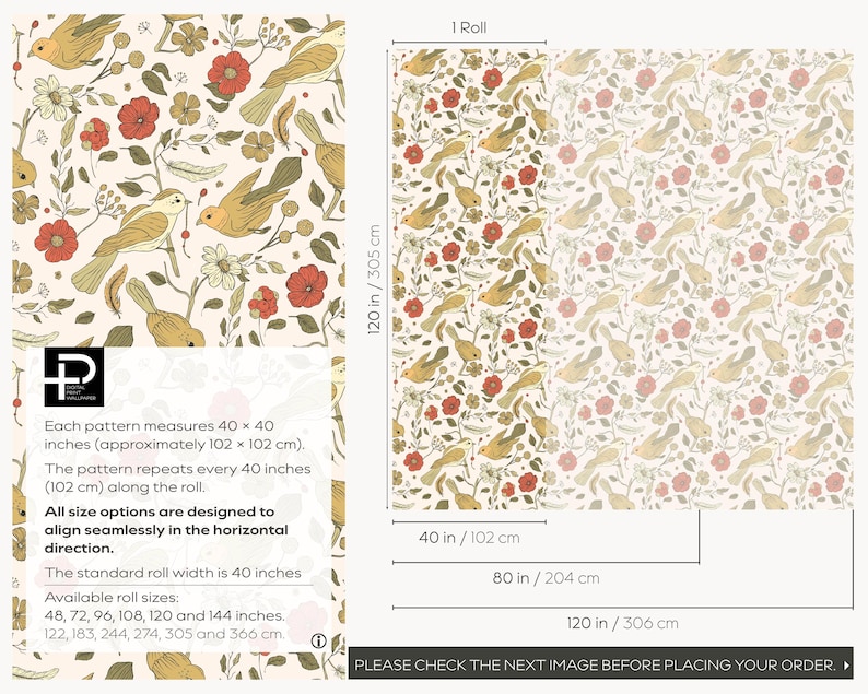 May include: Wallpaper featuring a repeating pattern of yellow birds, red flowers, and green foliage on a cream background. The roll width is 40 inches, with a pattern repeat of 40 inches. Available roll lengths include 48, 72, 96, 108, 120, and 144 inches.
