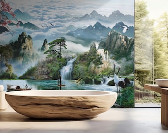 Mural de paisaje de montaña brumosa, papel tapiz de arte asiático zen, decoración de pared estilo chinoiserie