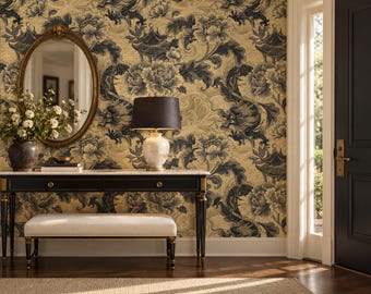 May include: Wallpaper featuring a repeating pattern of dark blue dragons and large floral blooms on a textured gold background. The design includes stylized pagodas and swirling wave motifs, creating a dense, intricate visual composition.