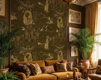May include: A dark olive green wallpaper featuring gold Egyptian motifs including pharaohs, sphinxes, pyramids, scarabs, and hieroglyphics. The pattern is repeated across the wall, creating a dense, historical aesthetic with metallic gold line art.