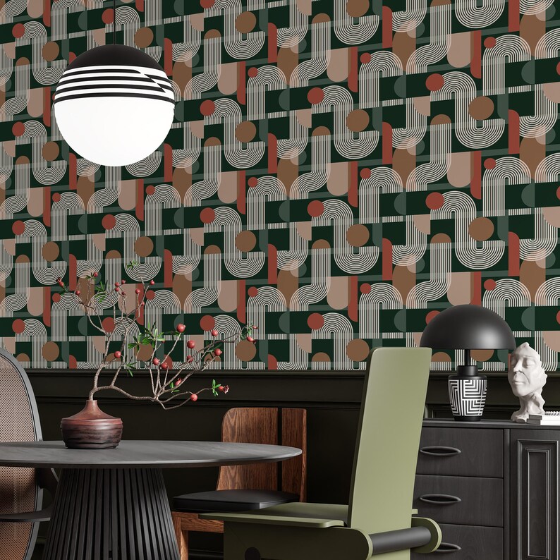 May include: Wallpaper featuring a repeating geometric pattern of interlocking beige lines, solid brown circles, and dark green rectangular blocks. The design creates a structured, rhythmic visual effect across the surface with a consistent color palette.