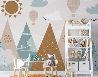 Mural infantil de montaña en tonos tierra, papel pintado bohemio escandinavo (despegable y pegable)