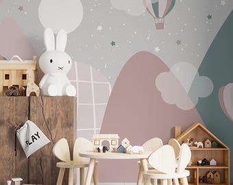 Papel pintado de globos aerostáticos en tonos pastel, decoración de guardería escandinava de montaña, despegar y pegar