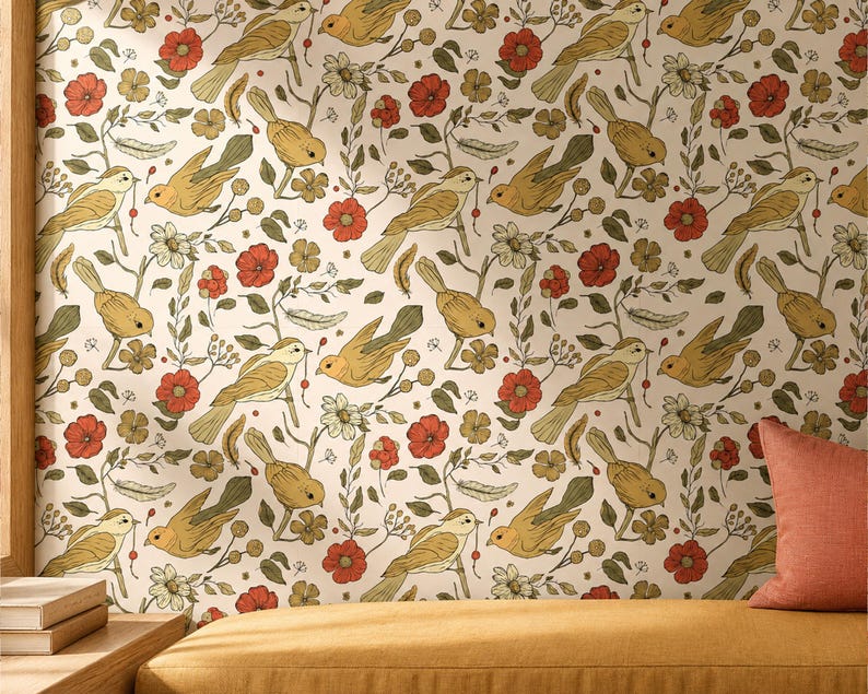 May include: Wallpaper featuring a repeating pattern of yellow birds, red flowers, and green foliage on a cream background. The design includes small feathers and berries interspersed among the birds and floral elements, creating a dense botanical scene.