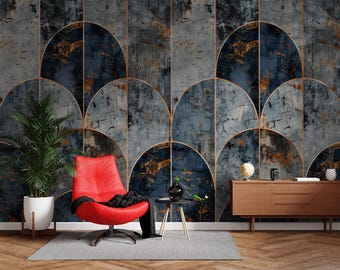 Papel pintado autoadhesivo Art Déco industrial, mural geométrico grunge, decoración de pared de hormigón oxidado