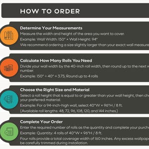 May include: An instructional infographic titled HOW TO ORDER with four numbered steps for purchasing wallpaper. It details measuring wall dimensions in inches, calculating roll quantities based on 40-inch widths, and selecting roll heights.