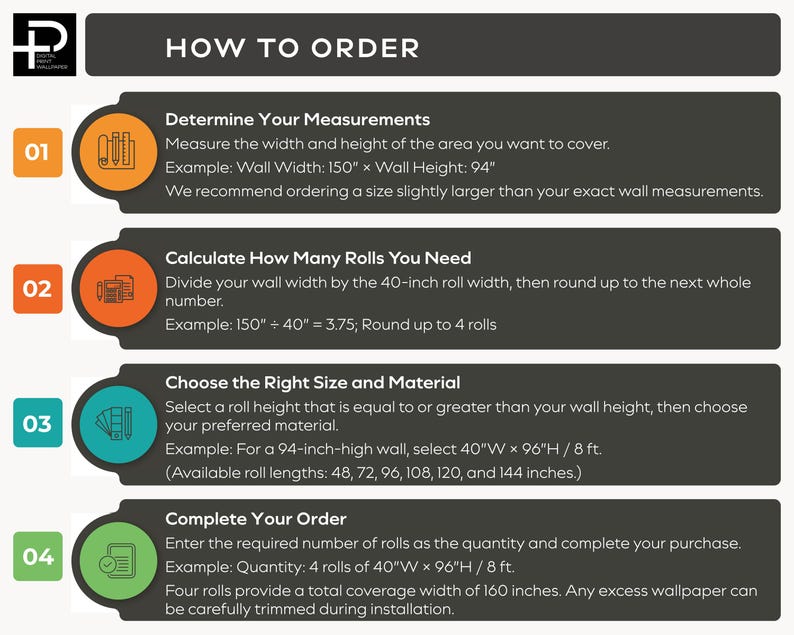 May include: An instructional infographic titled HOW TO ORDER with four numbered steps for purchasing wallpaper. It details measuring wall dimensions in inches, calculating roll quantities based on 40-inch widths, and selecting roll heights.