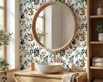 Papel pintado de hojas verdes con acuarela, mural botánico con tonos salvia, papel de contacto natural, decoración de habitación infantil rústica