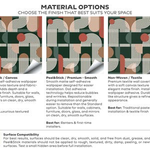 May include: Three square samples of wallpaper featuring a geometric pattern of white arched lines, solid circles, and semi-circles in shades of dark green, terracotta, and beige. Text labels describe material options including Peel&Stick and Non-Woven.
