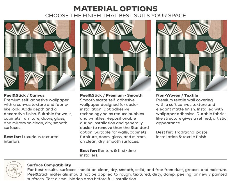 May include: Three square samples of wallpaper featuring a geometric pattern of white arched lines, solid circles, and semi-circles in shades of dark green, terracotta, and beige. Text labels describe material options including Peel&Stick and Non-Woven.