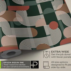 May include: A roll of wallpaper featuring a geometric pattern of white curved lines, dark green rectangles, and terracotta circles on a dark green background. Text indicates 40-inch width, Epson resin ink, and water-based, odorless properties.