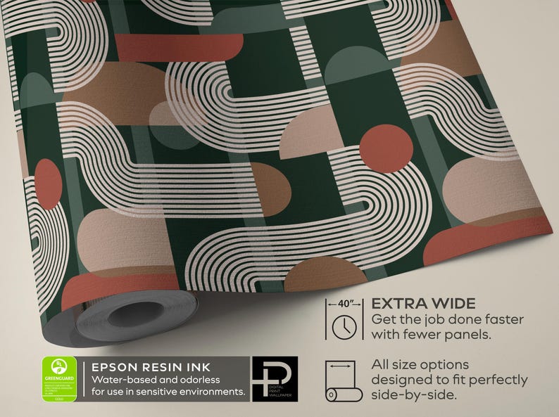 May include: A roll of wallpaper featuring a geometric pattern of white curved lines, dark green rectangles, and terracotta circles on a dark green background. Text indicates 40-inch width, Epson resin ink, and water-based, odorless properties.