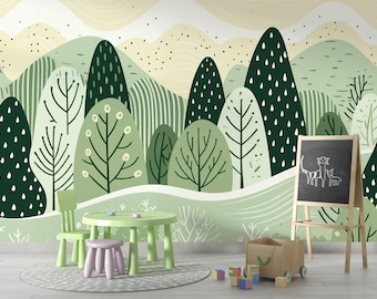 Papel pintado para habitación infantil con diseño de bosque escandinavo, mural de bosque verde salvia