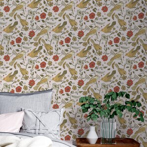 May include: Wallpaper featuring a repeating pattern of mustard yellow birds, red flowers, and green foliage on a light background. The design includes small berries and delicate stems, creating a dense, nature-inspired botanical illustration.