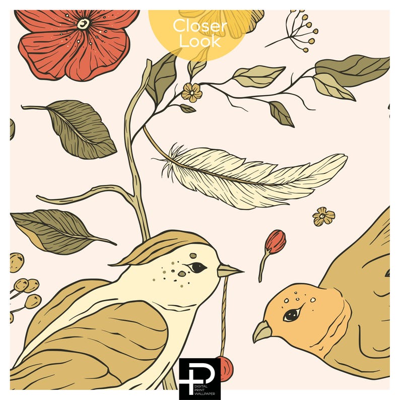 May include: A wallpaper pattern featuring two birds, a feather, and floral elements on a light pink background. One bird holds a small red berry. The design includes red and yellow flowers, green leaves, and the text Closer Look and Digital Print Wallpaper.