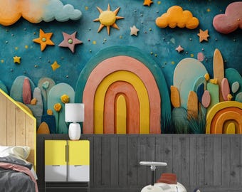 Papel tapiz de arcoíris 3D para habitación de bebé, mural autoadhesivo con efecto arcilla