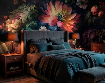 Papel tapiz floral barroco oscuro, mural de peonías melancólicas, arte de pintura al óleo de maestros holandeses