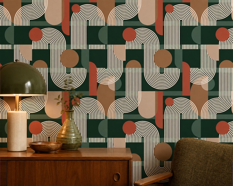 May include: Wallpaper featuring a repeating geometric pattern of white arched lines, solid dark green squares, terracotta circles, and tan semi-circles. The design creates a structured, rhythmic visual effect across the entire surface area.