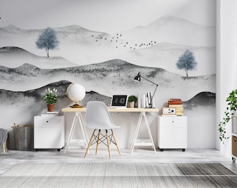 Papel pintado abstracto de montaña con lavado de tinta, mural zen minimalista, paisaje en blanco y negro