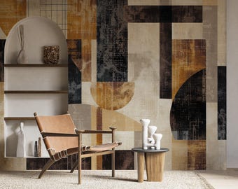 Papel pintado geométrico abstracto en tonos tierra, papel pintado de arte moderno para interiores minimalistas y contemporáneos