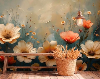 Papel pintado autoadhesivo vintage de campo de amapolas, mural de flores botánicas, papel pintado textil