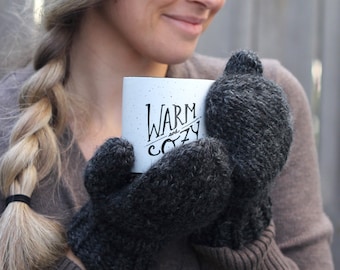 Cozy Knit Wool Mittens- Color Charcoal Grey- Dark Gray Warm Handmade Mittens