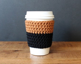 Reusable Coffee Sleeve in Black and gold- Crocheted Coffee Cozy- Java Jacket