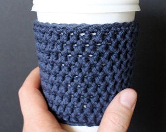 Reusable Coffee Sleeve in Denim Blue- Crocheted Coffee Cozy- Java Jacket